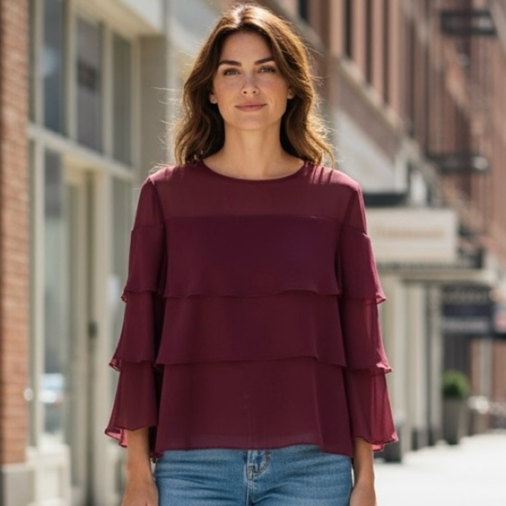 4/$40 Ella Moss Maroon Tiered Ruffle Layered Flange Sleeved Blouse
